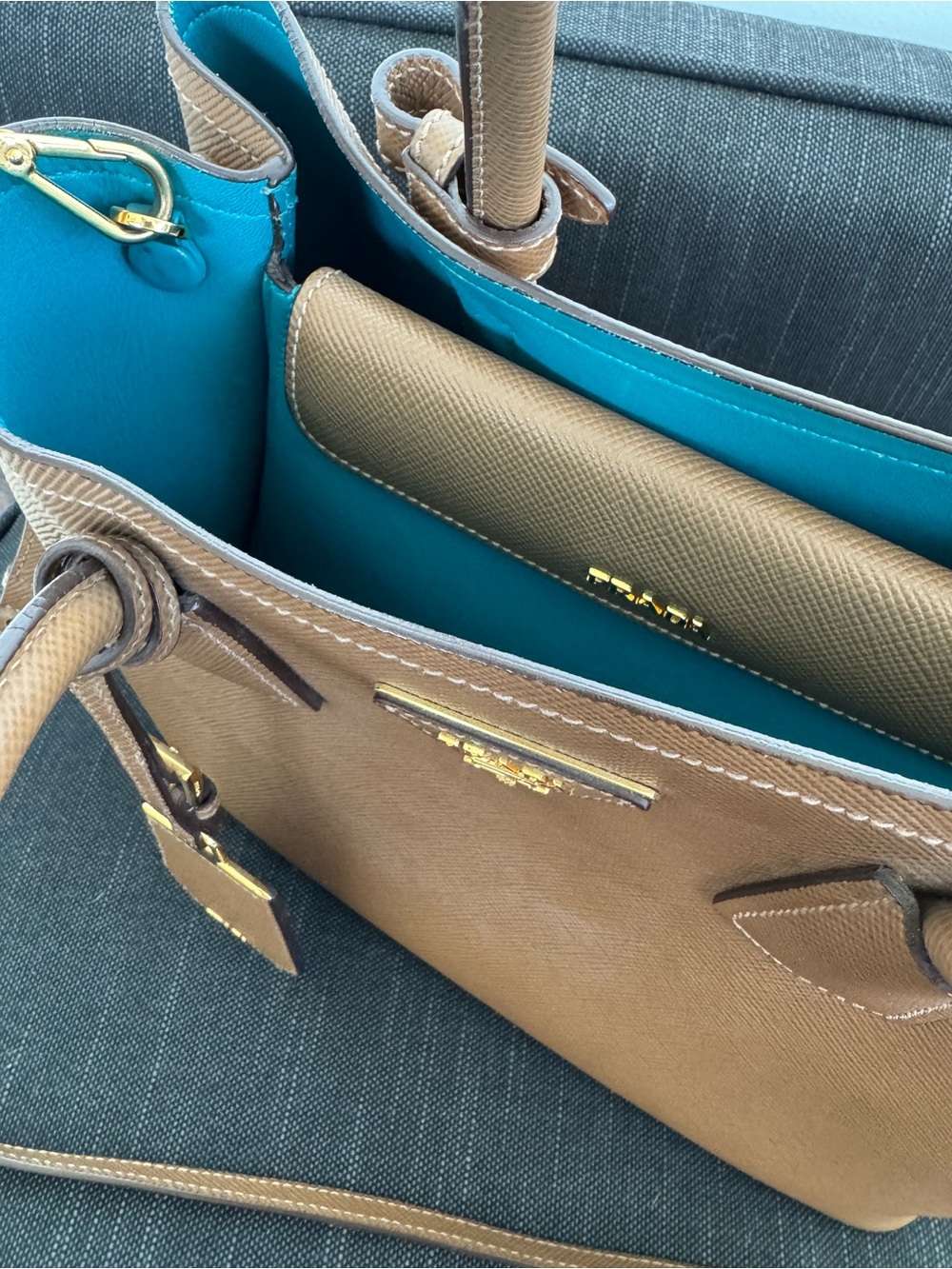 Prada Brown Double Saffiano Tote with Turquoise Interior Rare - Picture 8 of 13